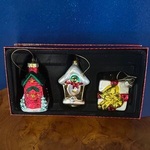 Set of 3 Vintage Christmas Blown Glass Ornament-Red House, Birdhouse & Present